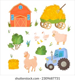 Llama or Alpaca, Sheep. Tractor. Farm animals and buildings. Hay. Tractor. Barn. Cattle breeding Vector illustration isolated on white background.