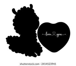 Llama Alpaca. Silhouette animal with heart. Romantic valentine Love you. Vector illustration. black hand drawn