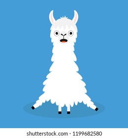 Llama alpaca sitting. Cute cartoon funny kawaii smiling character. Childish baby collection. Fluffy hair fur. T-shirt, greeting card, poster template print. Flat design. Blue background. Vector