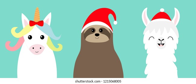 Llama alpaca, sloth face set. Red Santa hat. Merry Christmas. Happy New Year. Cute cartoon funny kawaii character. Greeting card, poster, banner print. Flat design. Blue background Vector illustration