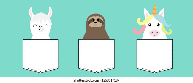 Llama alpaca, sloth, unicorn in the pocket. Animal set. Cute cartoon funny kawaii character. T-shirt, greeting card, poster print. Flat design. Blue background. Vector illustration