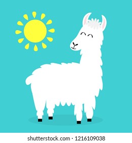 Llama alpaca. Sun shining. Cute cartoon funny kawaii smiling character. Childish baby collection. Fluffy hair fur. T-shirt, greeting card, poster template print. Flat design. Blue background. Vector