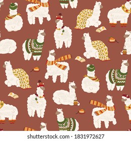 Llama alpaca with sweater, plaid, book, coffee, scarf seamless vector hand drawn pattern.