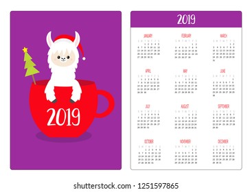 Llama alpaca in tea coffee cup. Santa hat. Christmas tree. Pocket calendar layout 2019 new year. Week starts Sunday. Cartoon character. Vertical orientation. Flat design. Violet background. Vector