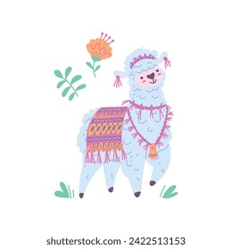 Llama alpaca with textile decorations on blooming flowers. Cute funny curly fur Lama animal cartoon vector illustration. Adorable cheerful sheep with light wool. Wild fluffy mammal
