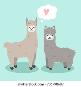 Llama and alpaca vector illustration. Funny smiling animals standing on a blue background