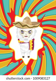 Llama or alpaca wears sombrero hat cute cartoon animal illustration.