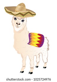 Llama or alpaca wears sombrero hat cute cartoon animal illustration.