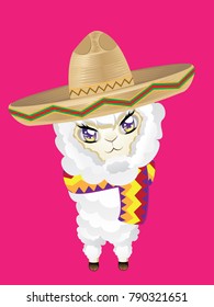 Llama or alpaca wears sombrero hat cute cartoon animal illustration.