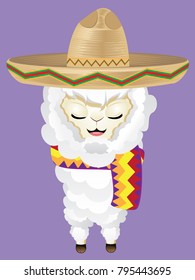 Llama or alpaca wears sombrero hat cute cartoon animal illustration.