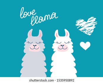 Llama and alpaca white vector illustration, cute cartoon hand drawn elements and design for baby nursery design, poster, birthday greeting card love