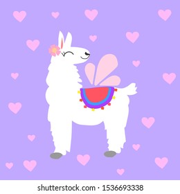 Llama and alpaca white vector illustration, cute cartoon hand drawn elements and design for baby nursery design, poster, birthday greeting card love
