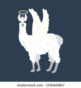 Llama in angel costume illustration on the blue background. Vector illustration