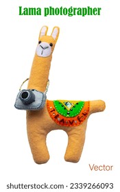 Llama animal embroidered from felt, isolated figure, traveler photographer, toy symbol, cute vector Alpaca