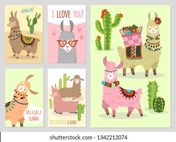 Llama. Llamas bebés alpaca tierna y cacti salvaje de camello peru, invitación para fiesta de chicas