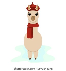 Llama in a beret and scarf.Cute character in cartoon style isolated on white background.Vector.