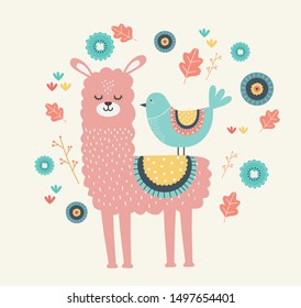 Llama and bird cartoon design vector illustration