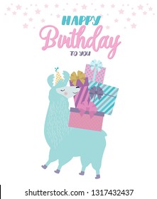 Llama birthday card. Cute birthday greeting card with alpaca. Editable vector illustration