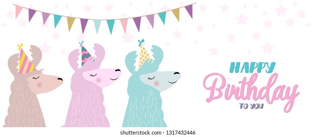Llama birthday card. Cute birthday greeting card with alpaca. Editable vector illustration