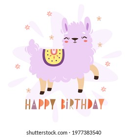 Llama birthday. Cute animal alpaca birthday greetings. Baby print