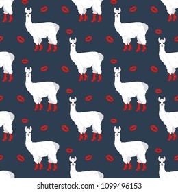 Llama in boots seamless pattern on the blue background. Vector illustration