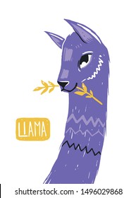 Llama with branch isolated from background. Nice character illustration.  Woodcut style.
