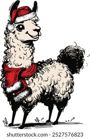 Llama breed in red hat of Santa Claus, Funny Christmas Animal, Animal Christmas Winter Holiday , Cute Christmas Animal