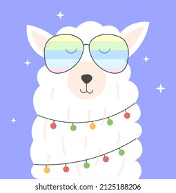 Llama in bright glasses. Cute animal in garland. Stylish design for greeting and invitation cards, poster or banner, toy. Picture for printing on childrens clothing. Cartoon flat vector illustration