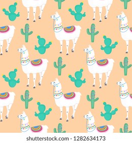 Llama. Cacti. Cactus. Funny alpaca cartoon character. Seamless pattern for nursery, fabric, textile, kids apparel.