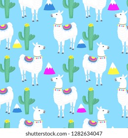 Llama. Cacti. Cactus. Mountains. Funny alpaca cartoon character. Seamless pattern for nursery, fabric, textile, kids apparel.