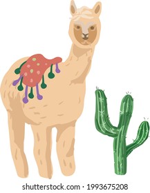 Llama cacti cartoon alpaca mexico Peru desert vector. Color illustration hand drawn print textile vintage. Children's cute picture