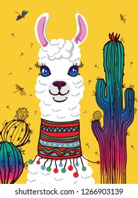 llama and cacti, hand drawing on yellow background vector illustration