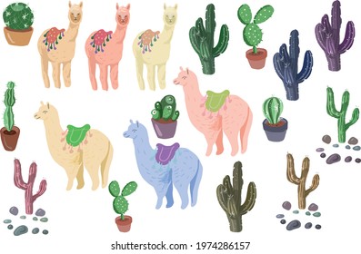 
llama cacti sticker clipart set cute picture vector illustration stickers. Mexico nature desert home plants postcard separate element colored bright