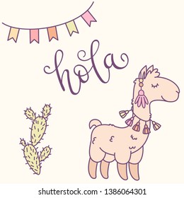 Llama, cactus and banner cartoon illustration. Hand lettering in Spanish "hola". Vector illustration