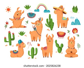 Llama con cactus. Caricaturas de alpaca, lindo y gracioso lama. Elementos de impresión a la moda del bebé, animales portadores de clase salvaje mexicanos o peruanos