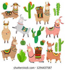 Llama cactus. Chile llama alpaca y cacti lama silvestre. Camello peruano, chica scrapbook niños elementos graciosos ilustraciones vectoriales