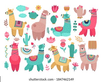 Llama with cactus. Cute alpaca, baby llamas flower and art floral objects. Isolated wild animal kid stickers, cuteness elements vector set