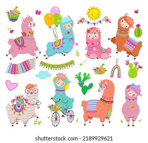 Llama with cactus mexican decorations. Cartoon alpaca from peru or chile, peruvian fluffy animals. Peruvian mascots, cute kids stickers nowaday vector set