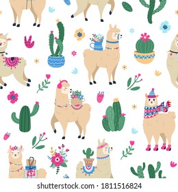 Llama and cactus pattern. Cute seamless hand drawn mexican alpaca with desert cactuses, peruvian ethnic vector background illustration. Animal characters with luggage, flowers on back