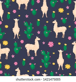 Llama and cactus seamless pattern. Alpaca wool and llamas, succulents and Peru vector illustration. Cartoon style.