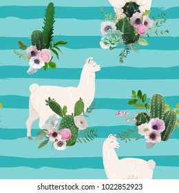 Llama and Cactus Seamless Pattern. Lamas Wildlife Nature Background for Fabric, Wallpaper, Wrapping Paper, Decoration. Vector illustration