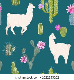 Llama and Cactus Seamless Pattern. Lamas Wildlife Nature Background for Fabric, Wallpaper, Wrapping Paper, Decoration. Vector illustration