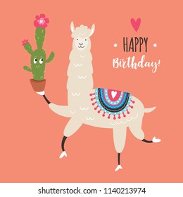 llama with cactus, vector illustration on pink background