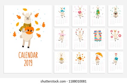 Llama calendar for 2019 with cute alpacas. Vector illustration.