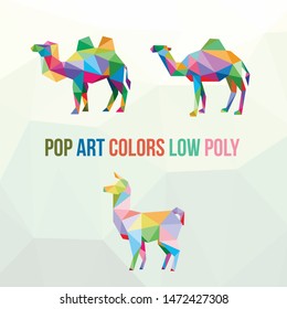 LLAMA CAMEL ANIMAL FARM POP ART LOW POLY LOGO ICON SYMBOL SET. TRIANGLE GEOMETRIC POLYGON
