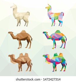 LLAMA CAMEL ANIMAL FARM POP ART LOW POLY LOGO ICON SYMBOL SET. TRIANGLE GEOMETRIC POLYGON