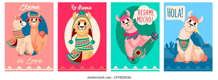 Llama card. Funny alpaca design with motivational trendy quotes. Lama in peruvian clothes party invitation cards vector templates. Wildlife animal characters in hat and scarf, musical instrument