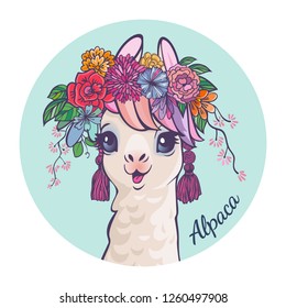 Lama Cartoon Alpaca. Lama-Tier-Vektorgrafik einzeln. Design für Karte, Aufkleber, Stoffgewebe, T-Shirt. Kinder, Kind im modernen Stil