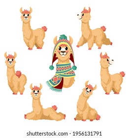 Llama. Cartoon alpaca, lama funny animal in various postures with chile or peru traditional clothes vector isolated characters. Mexican fluffy creature with colorful hat and scarf, different positions