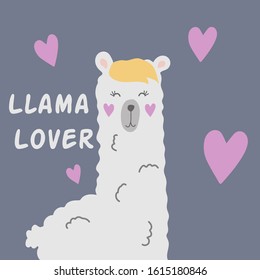 Llama cartoon alpaca with Llama Lover quote. Lama animal vector isolated illustration. Cute funny hand drawn art. Design for card, sticker , fabric textile, t shirt. Children, kid modern trendy style